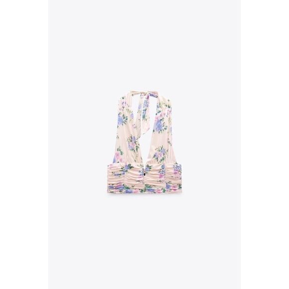 NWT Zara Floral Print Corset V-Neck Halter Neck Tie Crop Top in Pale Pink - Picture 5 of 16